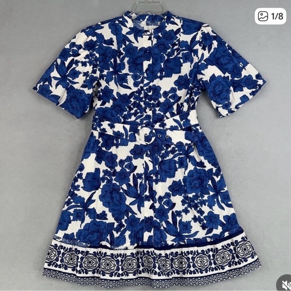 Joie Dresses & Skirts - Joie Blue and White Floral Puff sleeve belted Dress (missing 1 Botton)
